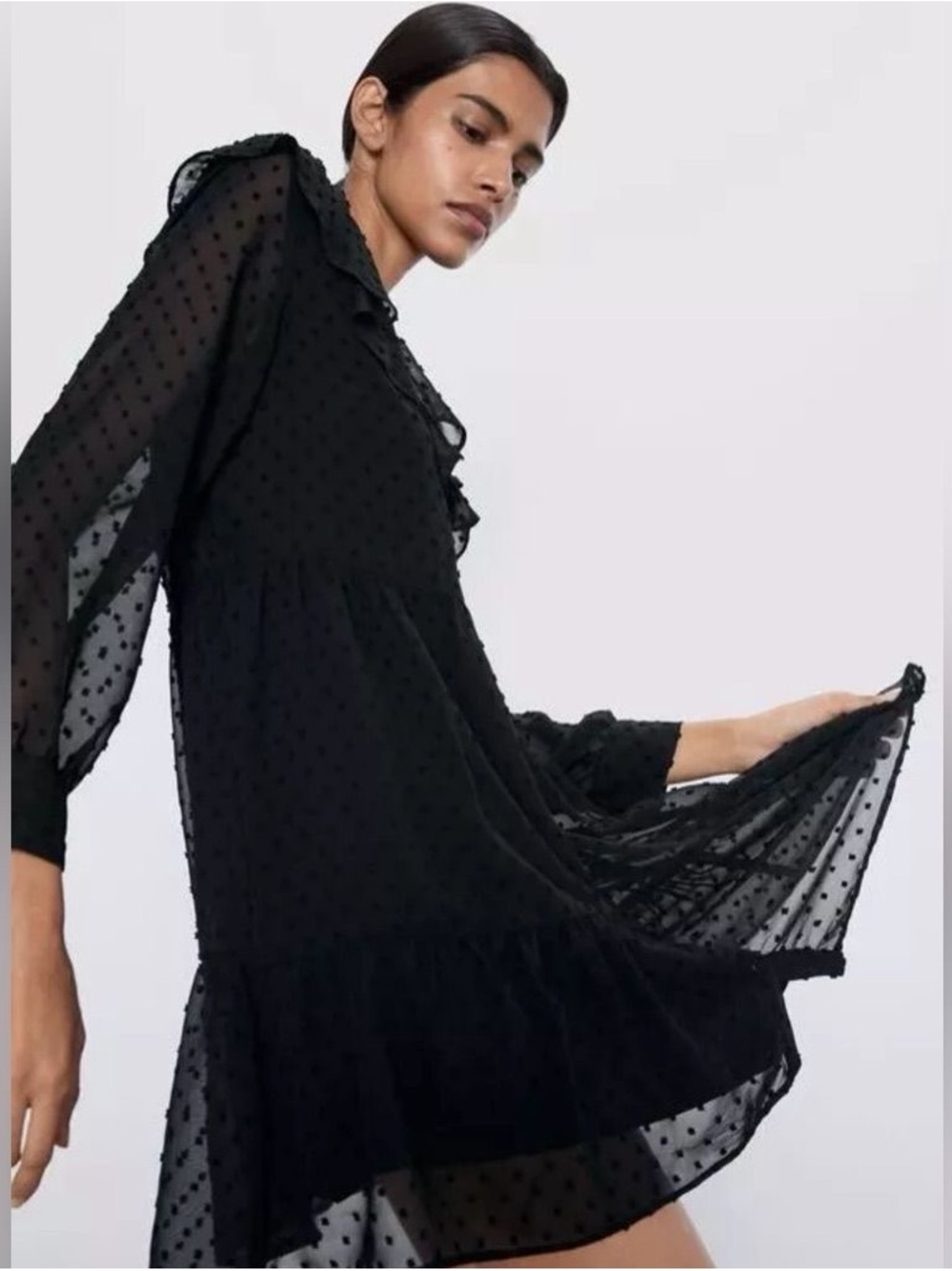 Zara Black Polka Dot Mesh Babydoll Mini Dress - Size M